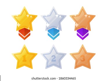 Collection of different star medal. Medal icon set isolated on white. Gold, silver and bronze badge.