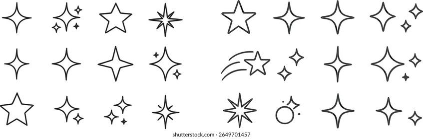 A collection of different star and sparkle designs features simple, elegant shapes. The illustrations can be used for a range of creative projects, from graphic design to artistic expressions.