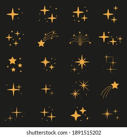 Collection of different stars and sparkles isolated on dark background. Vector illustration
