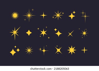 Collection of different stars and sparkles isolated on dark background. Vector illustration