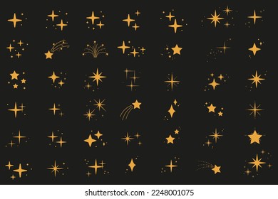 Colección de diferentes estrellas y destellos aislados en un fondo oscuro. Ilustración del vector