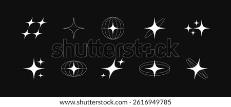 Collection of different stars that burst and sparkle. Bright firework, decoration twinkle, shiny flash and globe grids with stars. Glowing light effect collection. Vector graphic design
