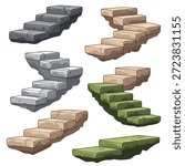 Collection of different stone staircases and steps, including straight, curved, and tiered designs, rendered in a stylized, illustrative manner.