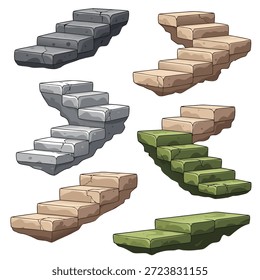Sammlung verschiedener Steintreppen und Stufen, einschließlich gerader, gekrümmter und gestufter Designs, stilisiert, illustrativ dargestellt.