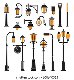 Collection of different street lights and lanterns outline icons. City lamp post and lamp pole silhouettes set in flat design. Modern and retro park lightings vector illustrations.