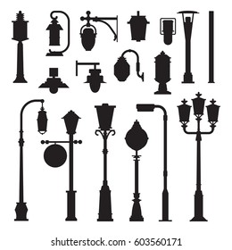 Collection of different street lights and lanterns outline icons. City lamp post and lamp pole silhouettes set in flat design. Modern and retro park lightings vector illustrations.