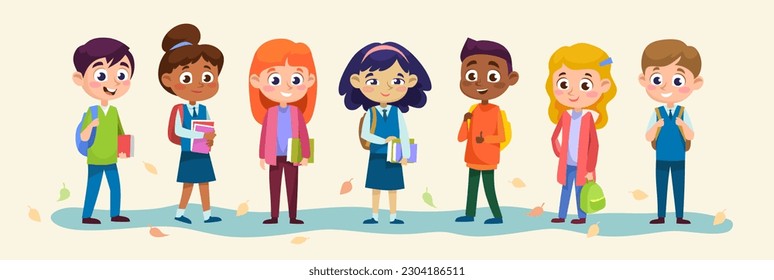 Colección de diferentes personajes estudiantiles aislados en un fondo beige. Diversos estudiantes. Niños y niñas sonrientes con mochilas volviendo a la escuela en otoño. Ilustración vectorial de dibujos animados.