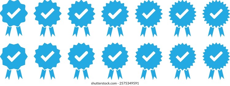 Collection of different style star shaped social media icons. Set of check mark icons. Blue Verified badge icon set. Flat line art. Vector Blue Verified Badge.
