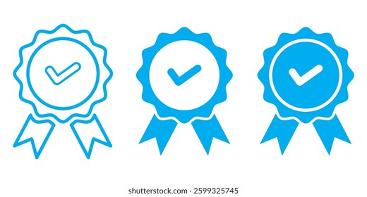 Collection of different style star shaped social media icons. Set of check mark icons. Blue Verified badge icon set. Flat line art. Vector Blue Verified Badge.