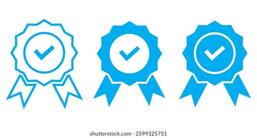 Collection of different style star shaped social media icons. Set of check mark icons. Blue Verified badge icon set. Flat line art. Vector Blue Verified Badge.