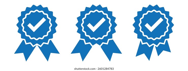 Collection of different style star shaped social media icons. Blue Verified badge icon set. Set of check mark icons. Flat line art. Vector Blue Verified Badge icon.