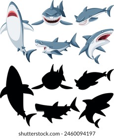 Collection of different styled cartoon sharks