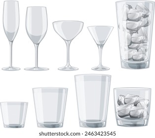 Collection of different styled glassware with ice cubes