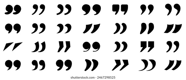 A collection of different styles of black quotation marks on a white background, showcasing diverse typographic designs.