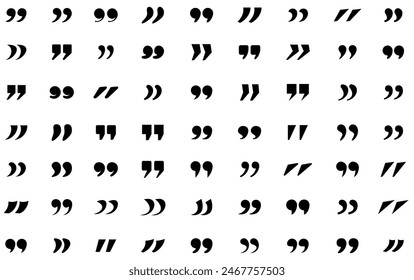 A collection of different styles of black quotation marks, showcasing diverse typographic designs. Vector illustration.