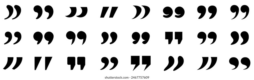 A collection of different styles of black quotation marks, showcasing diverse typographic designs. Vector illustration.