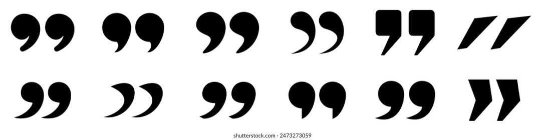 A collection of different styles of black quotation marks, showcasing diverse typographic designs. Vector illustration.