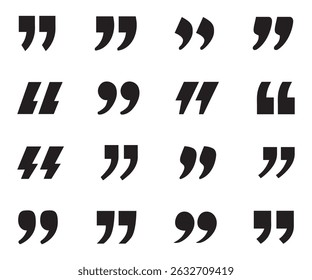 A collection of different styles of black quotation marks, showcasing diverse typographic designs. Vector illustration.