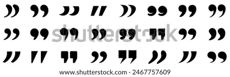 A collection of different styles of black quotation marks, showcasing diverse typographic designs. Vector illustration.