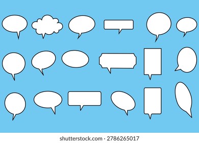 A collection of different styles of blank comic book speech bubbles, including oval, rectangular, and cloud shapes, isolated on a light blue background.