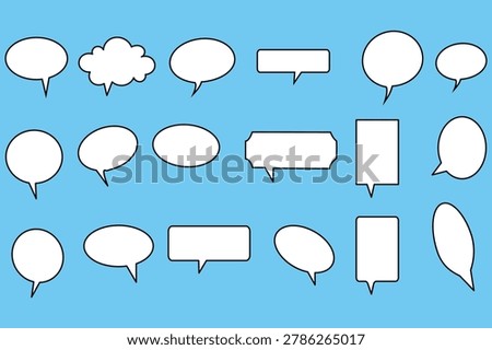 A collection of different styles of blank comic book speech bubbles, including oval, rectangular, and cloud shapes, isolated on a light blue background.