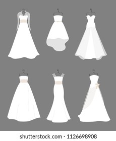 Collection of different styles wedding dresses, vector illustration