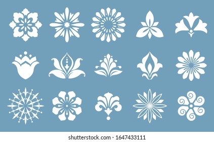 Colección de diferentes flores estilísticas en azul y blanco .Vector gráfico.