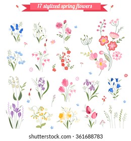 Collection of different stylized spring flowers.  Cute floral elements for your design, easter greeting cards, announcements, posters,advertisement.