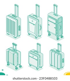 Collection of different suitcases on wheels isolated on white background. Isometric outline icons. Vector illustration. Luggage. Travel symbols.