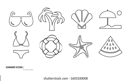 Collection of different summer icons. Shell, beach, watermelon, sunglasses, starfish, bikini, palm tree and lifeguard.