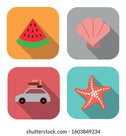 Collection of different summer icons. Shell, watermelon, starfish,and car.
Holiday icons.