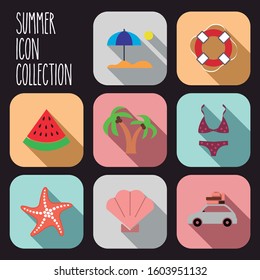 Collection of different summer icons. Shell, beach, watermelon, starfish, bikini, palm tree,  and lifeguard.
