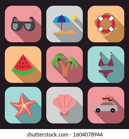 Collection of different summer icons. Shell, beach, watermelon, starfish, bikini, palm tree and lifeguard.
