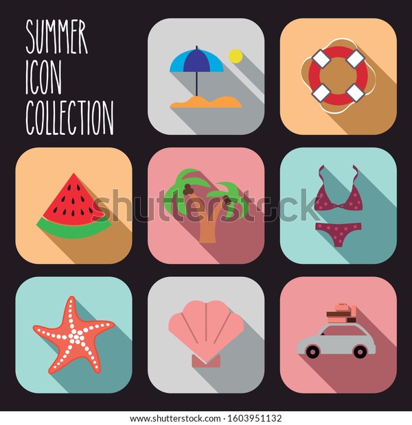 Collection of\
different summer icons. Shell, beach, watermelon, starfish, bikini,\
palm tree,  and\
lifeguard.\
