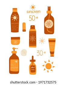 Collection of different sunblocks. Sunscreen icons for brochures, business cards, templates. Skincare illustration 