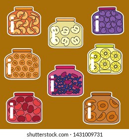 A collection of different sweet jams on a white background. Pieces of fruit and berries in a glass jar. Vector illustration. 
