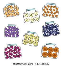 Collection of different sweet stewed fruit on a white background. Pieces of fruit in a glass jar. Vector illustration.