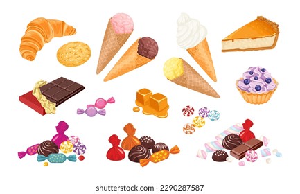 Sammlung verschiedener Süßigkeiten. Süßigkeiten, Eis, Käsekuchen, Kekse, Peitschenwürfel, Karamelll, Marshmallows, Croissant und Schokolade. Set von Vektorgrafiken-Illustrationen von Süßwaren.