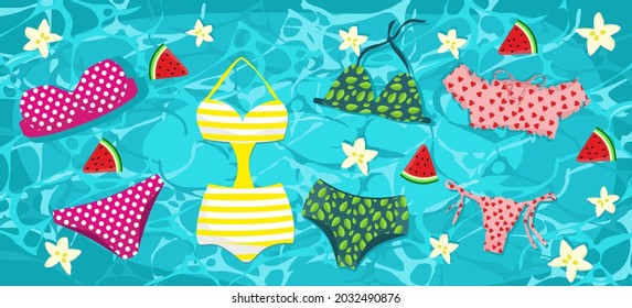 Collection of different swimwear on a background of water. Vector illustration.