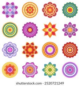 Collection of different symmetrical mandalas on white background. Ethnic mandala, oriental pattern. Relaxation, meditation. Indian or Arabic mandala. Diwali festival.