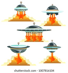 A collection of different takeoffs from the surface of flying saucers. Space travel. Vector flat illustration, isolated on white background.