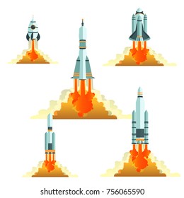 A collection of different takeoffs from the surface rockets. Cartoon rocket, shuttle, spaceship, launch vehicle. Space travel. Vector flat illustration, isolated on white background.