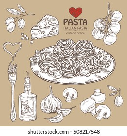 Collection of different tape of pasta , vegetables, cheese, folk with pasta and champignon. hand drawn