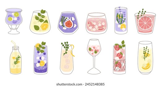 Collection with different taste lemonade and various of glasses shapes. Lemon and mint, fig fruit, strawberry and grapefruit. Vector illustration in outline and flat color style. 