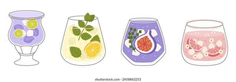 Collection with different taste lemonade and various of glasses shapes. Lemon and mint, fig fruit, strawberry and grapefruit, lime and petals. Vector illustration in outline and flat color style.
