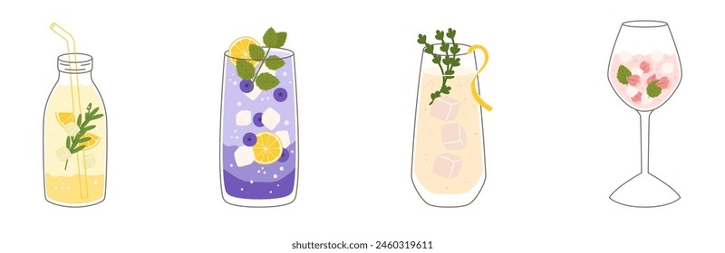 Collection with different taste lemonade and various of glasses shapes. Lemon, blueberry, thyme and rose petals. Vector illustration in outline and flat color style.