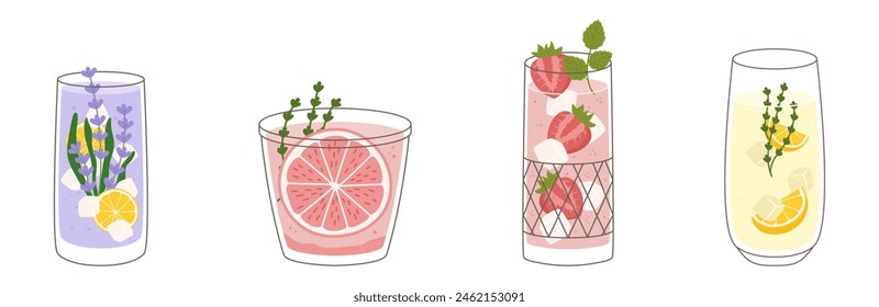 Collection with different taste lemonade and various of glasses shapes. Lemon and thyme, lavender, grapefruit and strawberry. Vector illustration in outline and flat color style.