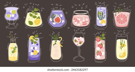 Collection with different taste lemonade and various of glasses shapes. Lemon and mint, fig fruit, strawberry and grapefruit. Vector illustration in outline and flat color style on dark background.