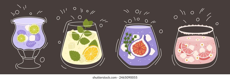 Colección con limonada de diferentes sabores, varias Formas de vasos. Limón, menta, fruta de higo, fresa y pomelo, lima, pétalos. Ilustración vectorial en contorno y color plano sobre fondo oscuro