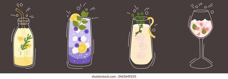 Collection with different taste lemonade and various of glasses shapes. Lemon, blueberry, thyme and rose petals. Vector illustration in outline and flat color style on dark background